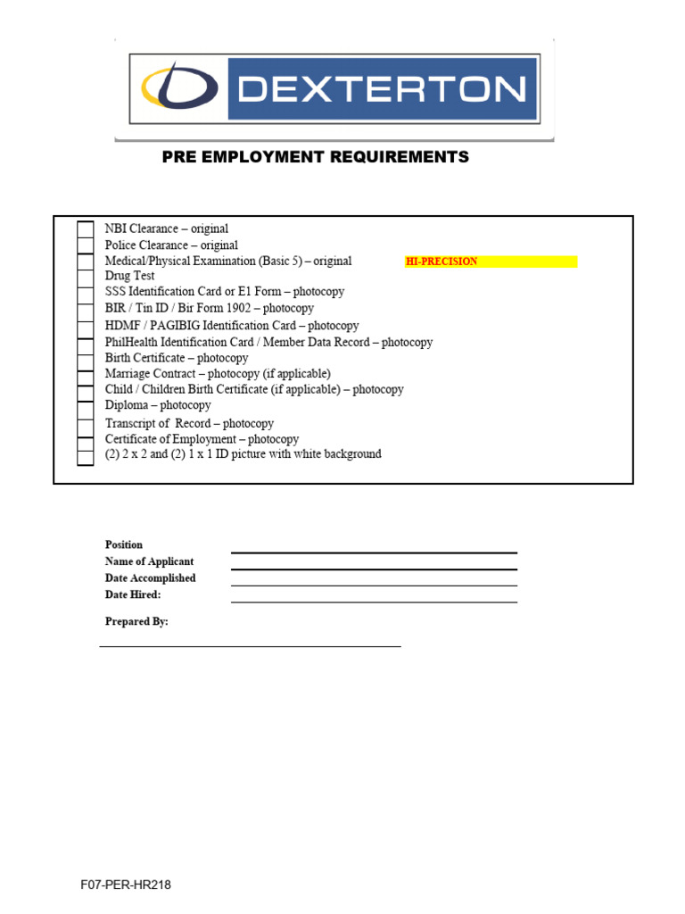 Pre Employment Requirement | PDF