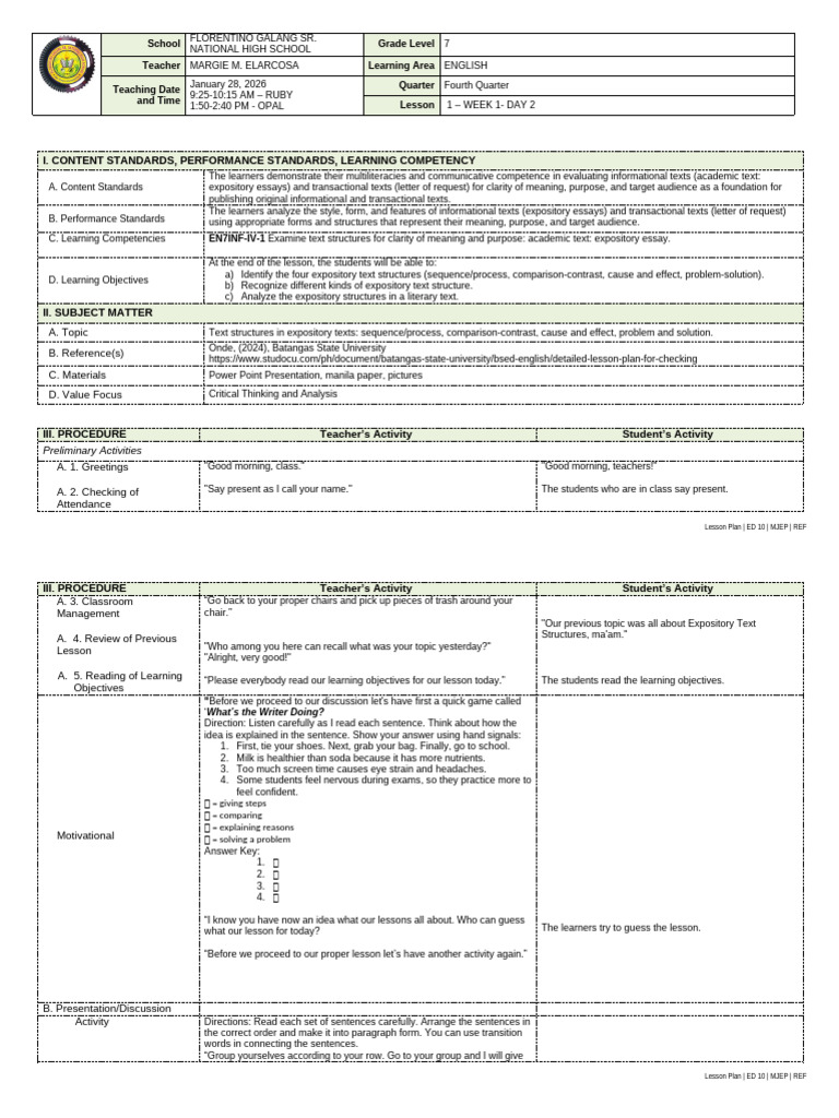 Day2 Lesson Plan Eng.7 | PDF | Learning | Essays