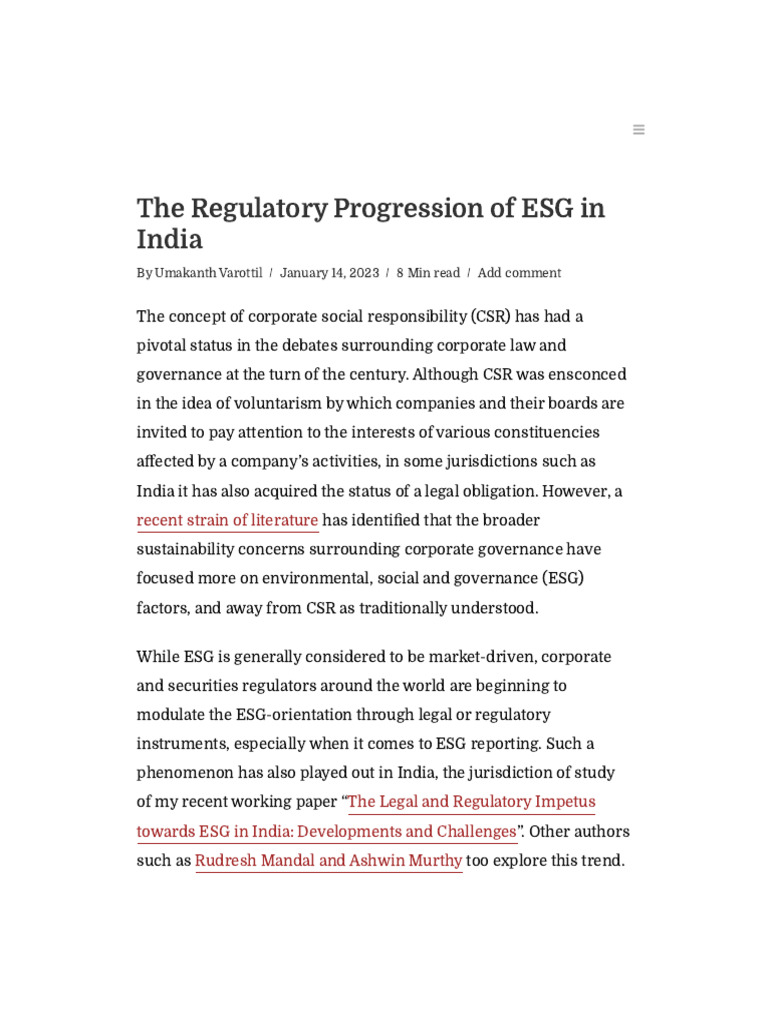 The Regulatory Progression of ESG in India - IndiaCorpLaw | PDF ...