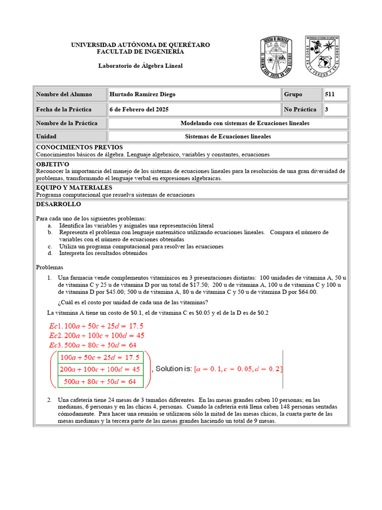 Practica 3 Hurtado Ramírez Diego | PDF | Ecuaciones | Kilogramo
