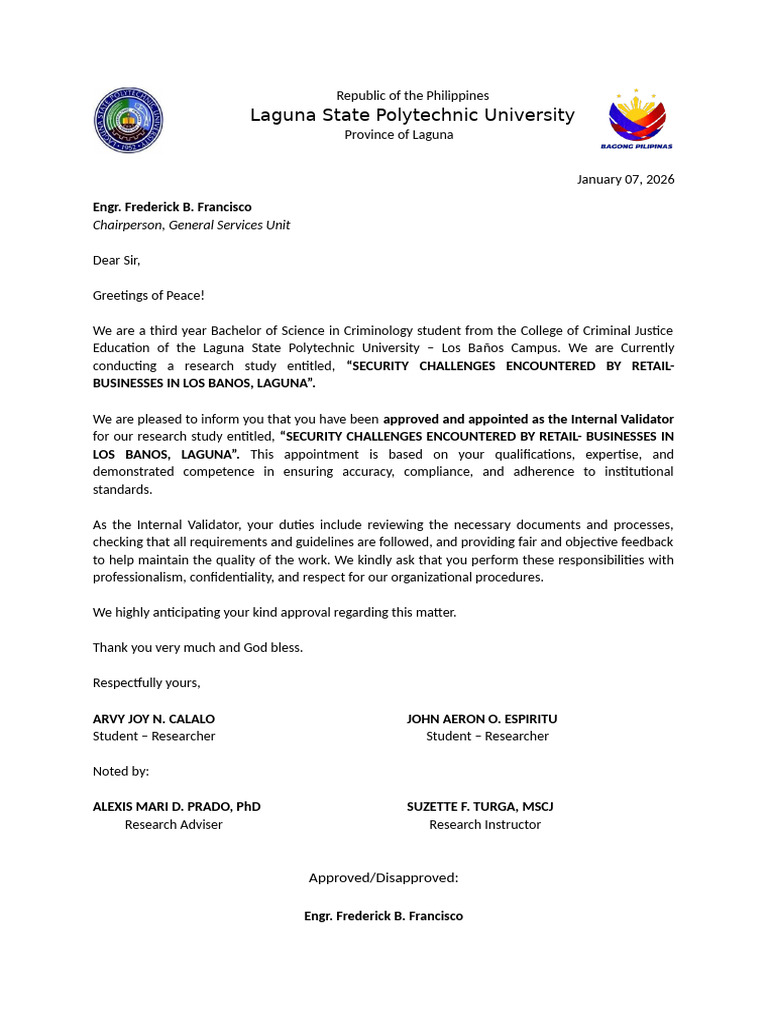 Letter For Approval of Internal Validator | PDF