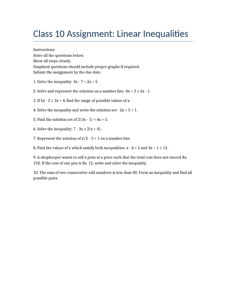 Linear Inequality Assignment Class10 | PDF