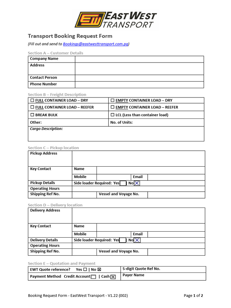 Booking Request Form - EastWest Transport - V1.22 | PDF | Cargo | Transport