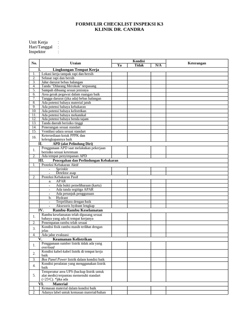 Formulir Checklist Inspeksi K3 New | PDF