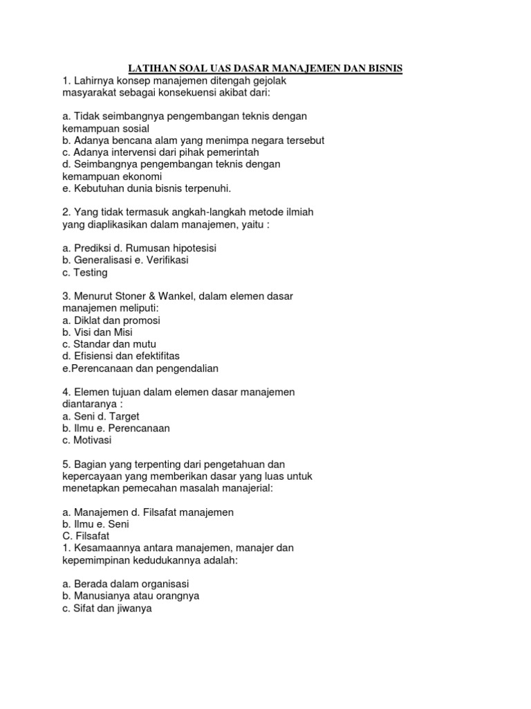 Latihan Soal Uas Dasar Manajemen Dan Bisnis