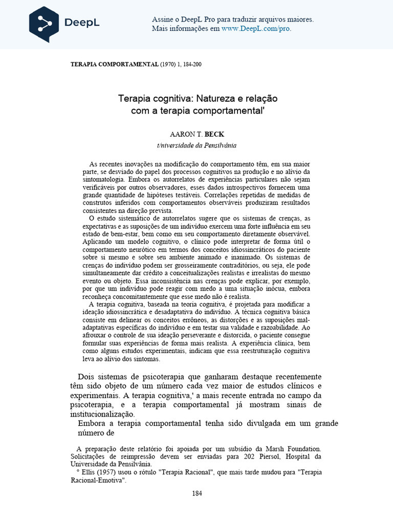 Cognitive Therapy - Nature and Relaction To Behavior Therapy - Aron ...