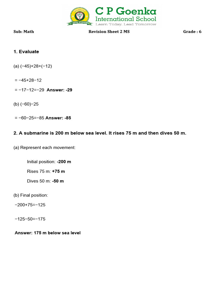Gr6 Term 1 Math Revision Sheet 2 MS | PDF