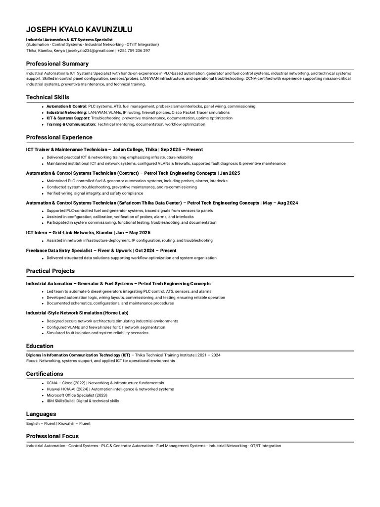Joseph Kyalo - Automation & ICT CV | PDF | Computer Network | Cisco ...