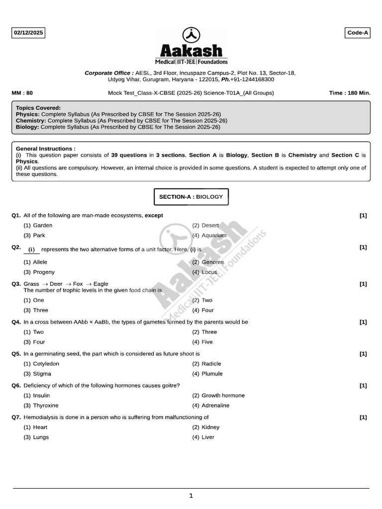 CBSE Mock Test-1A - All Groups (Class-10) - Science (02!12!2025) | PDF