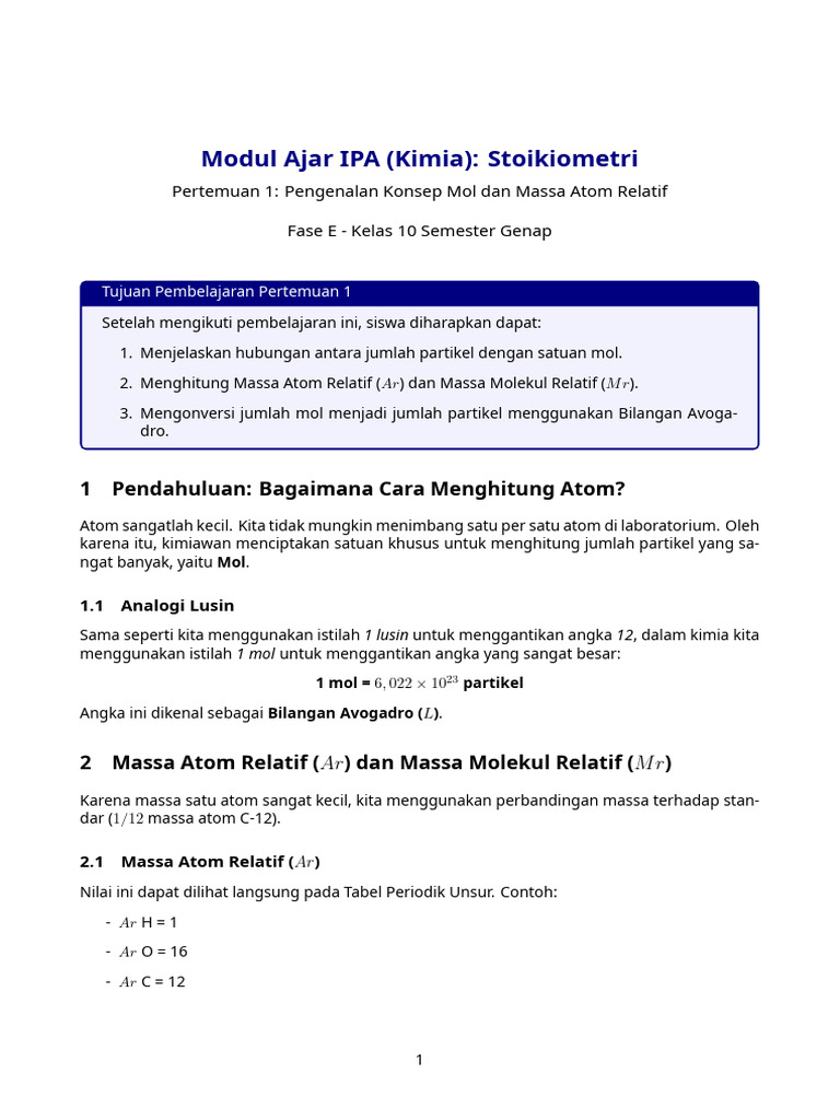 Modul Ajar IPA Kimia Kelas 10 Stoikiometri Konsep Mol | PDF