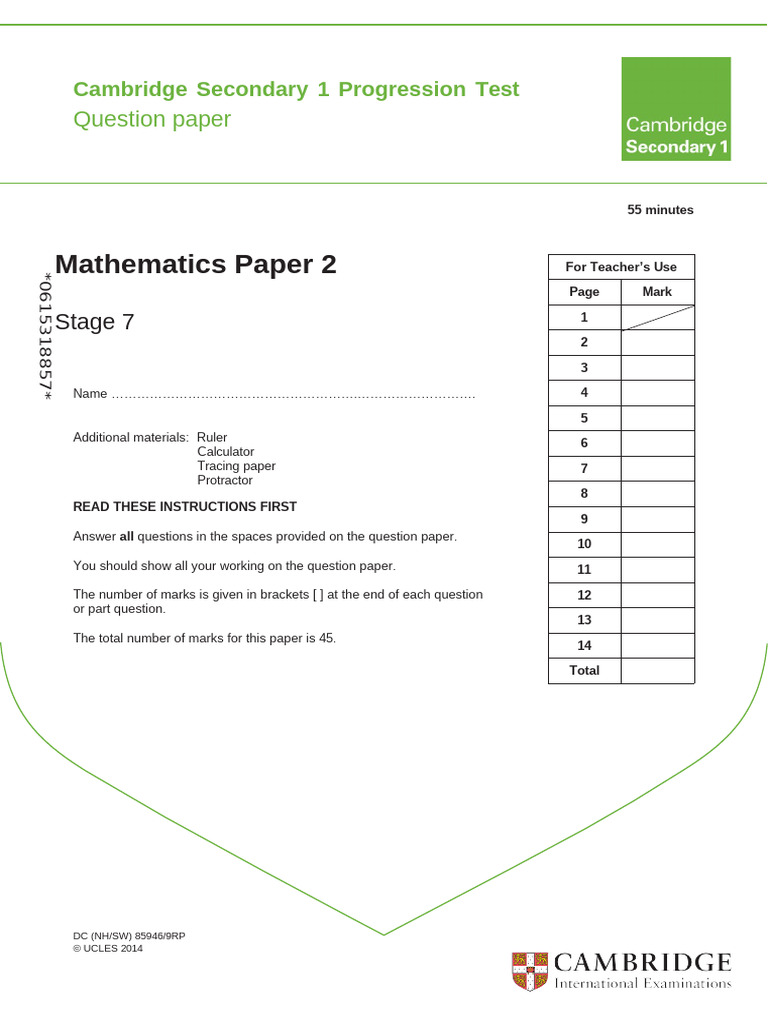 Cambridge Lower Secondary Progression Test - Mathematics 2014 Stage 7 ...