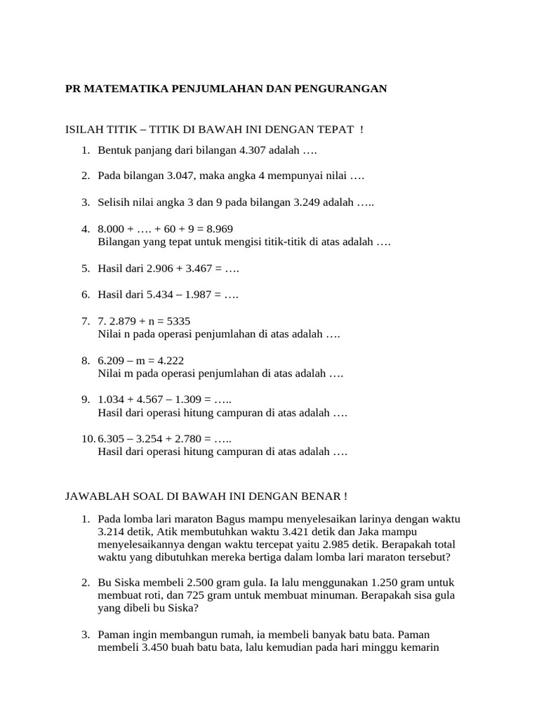 PR Matematika Penjumlahan Dan Pengurangan | PDF