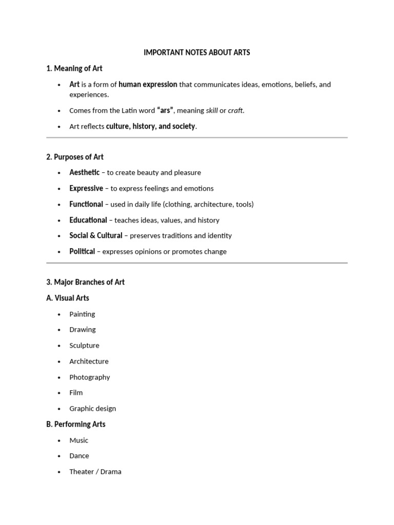 Important Notes About Arts | PDF