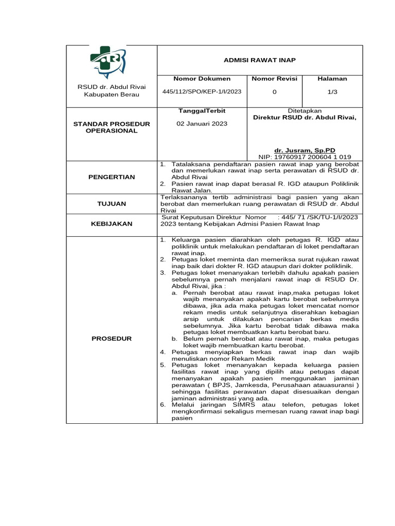 Spo Admisi Ranap Rs | PDF