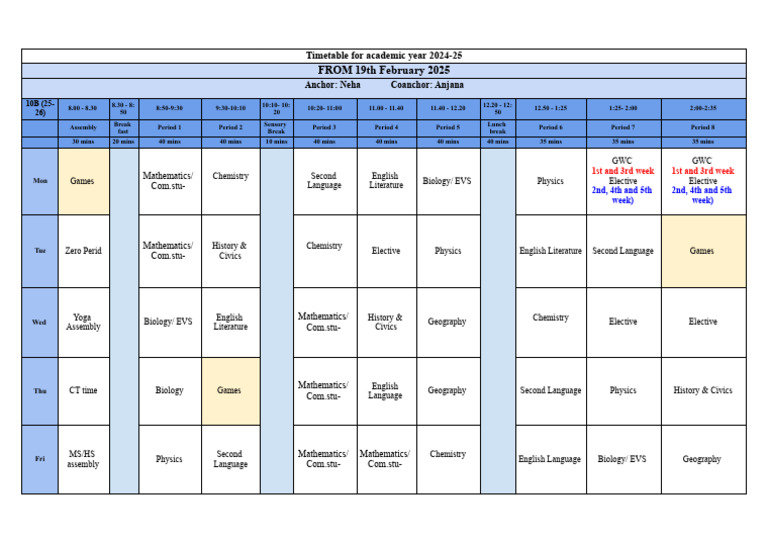 10B Timetable Feb March 24 25 | PDF | Physical Sciences | Natural Sciences