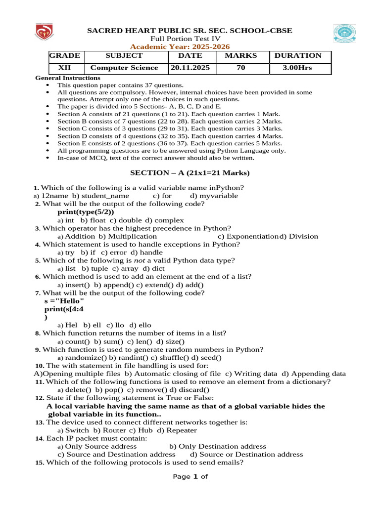 Cs CSSC Commonexam QP | PDF | Computer Network | Control Flow
