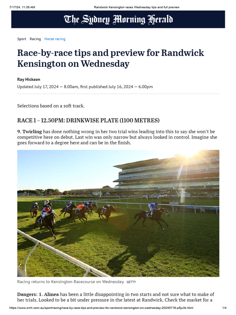 Randwick Kensington Races Wednesday Tips and Full Preview | PDF ...
