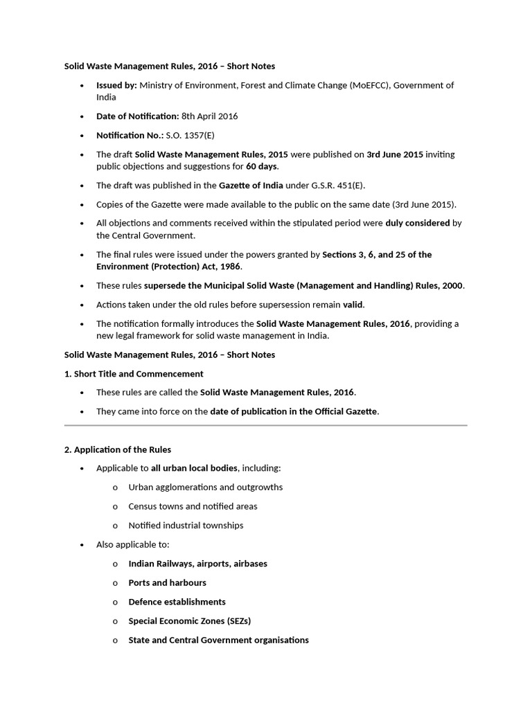 Solid Waste Management Rules Notes | PDF | Waste | Waste Management
