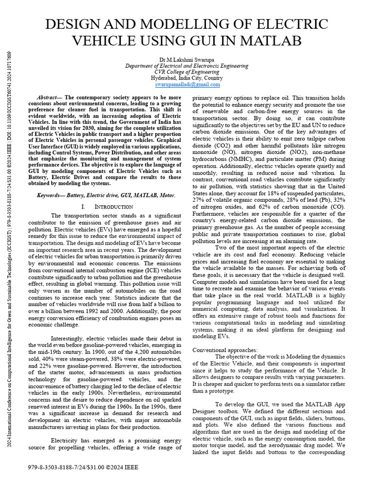 Design and Modelling of Electric Vehicle Using GUI in MATLAB | PDF ...