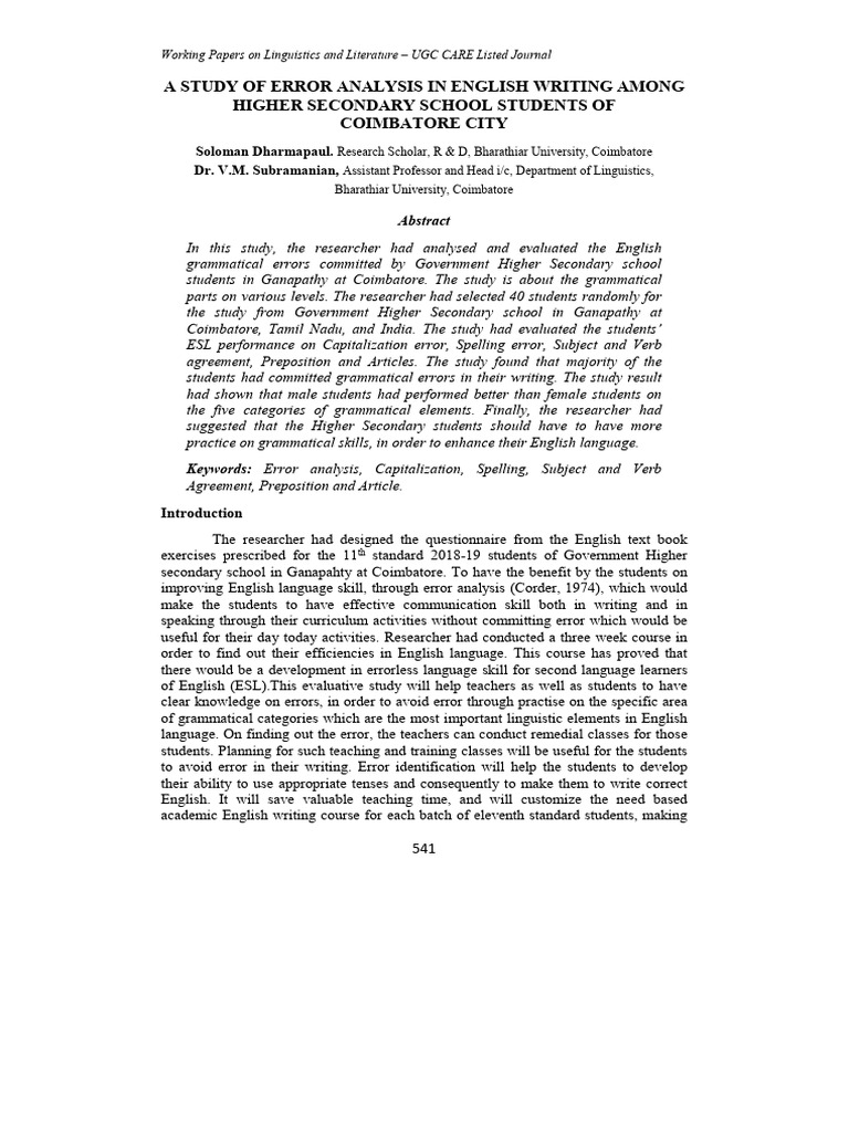 A Study of Error Analysis in English Writing Among Higher Secondary ...