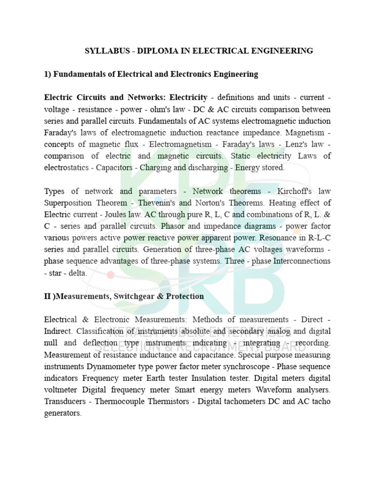 Syllabus Diploma in Electrical Engineering (1) | PDF | Electric Motor ...