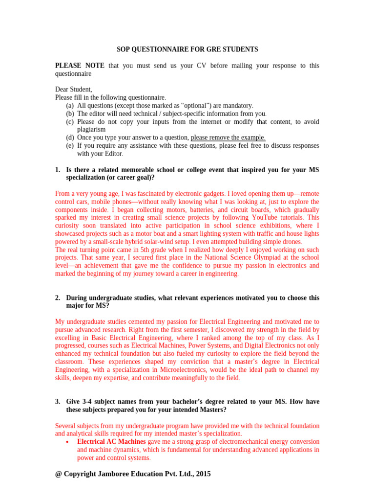 SOP Questionnaire First Draft | PDF | Electrical Engineering | System ...