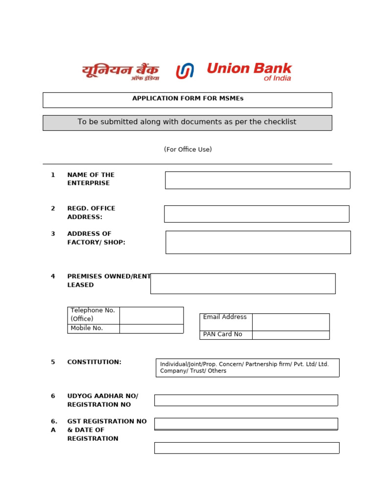 Application Form For Msme - Union Bank of India | PDF | Identity ...