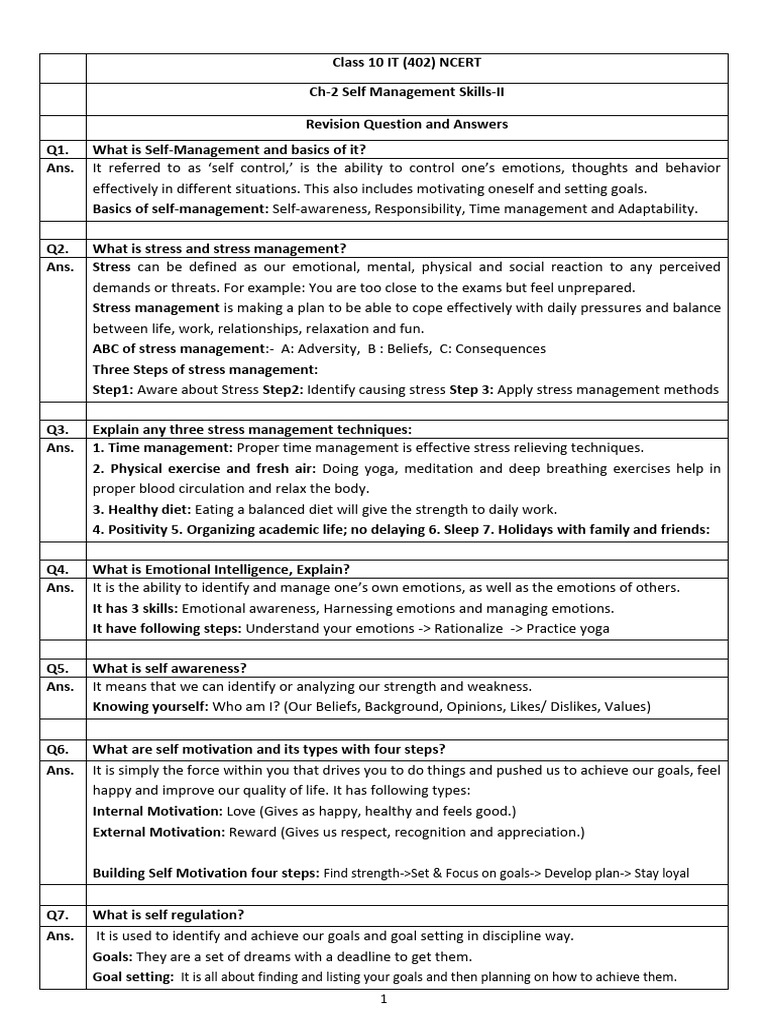 Class 10 IT Ch2 Self Management Skills Notes With MCQ (1) | PDF ...