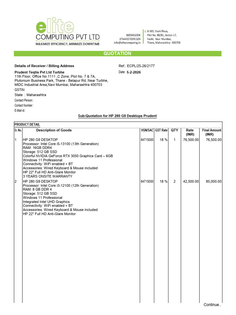 Quotation For HP 280 G9 Desktops Prudent | PDF | Computer Engineering ...