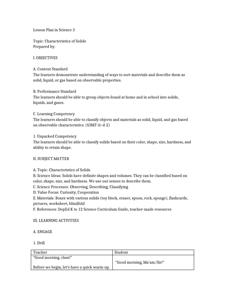 Complete Science 3 Lesson Plan Characteristics of Solids | PDF | Gases ...