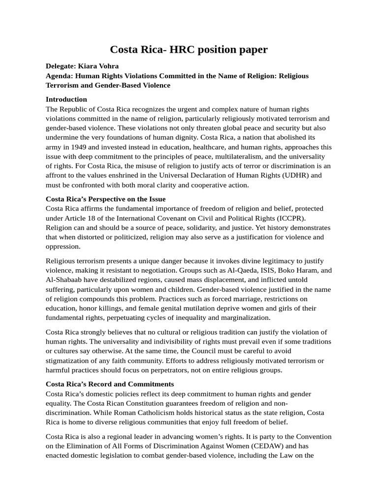 Costa Rica-HRC Position Paper | PDF | Human Rights | Gender Equality