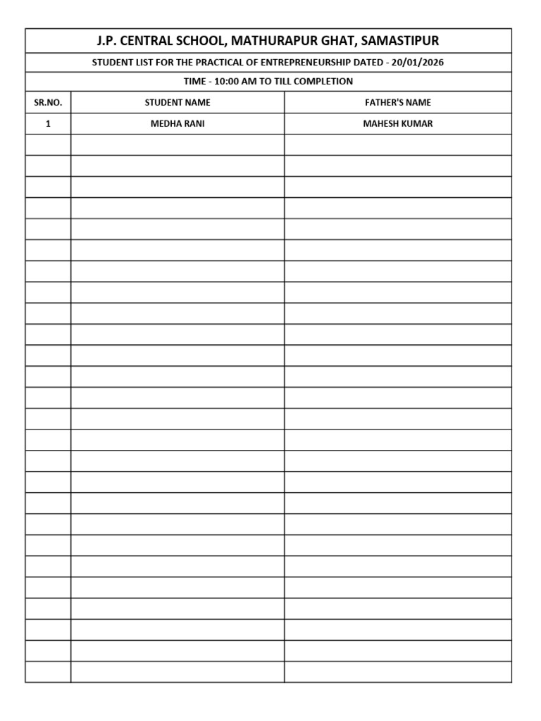 Student List For Entrepreneurship Practical Date - 20-01-26 | PDF