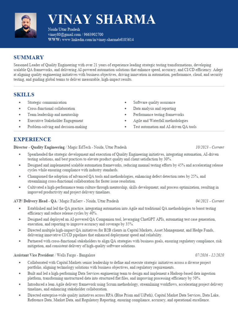 Vinay QA Director Resume | PDF | Agile Software Development | Quality ...