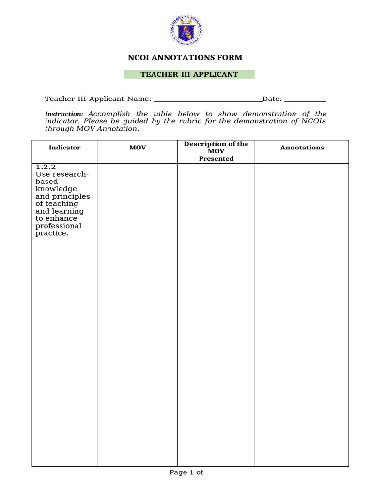 Crafted NCOI Annotations Form For Teacher III Applicant | PDF | Lesson ...