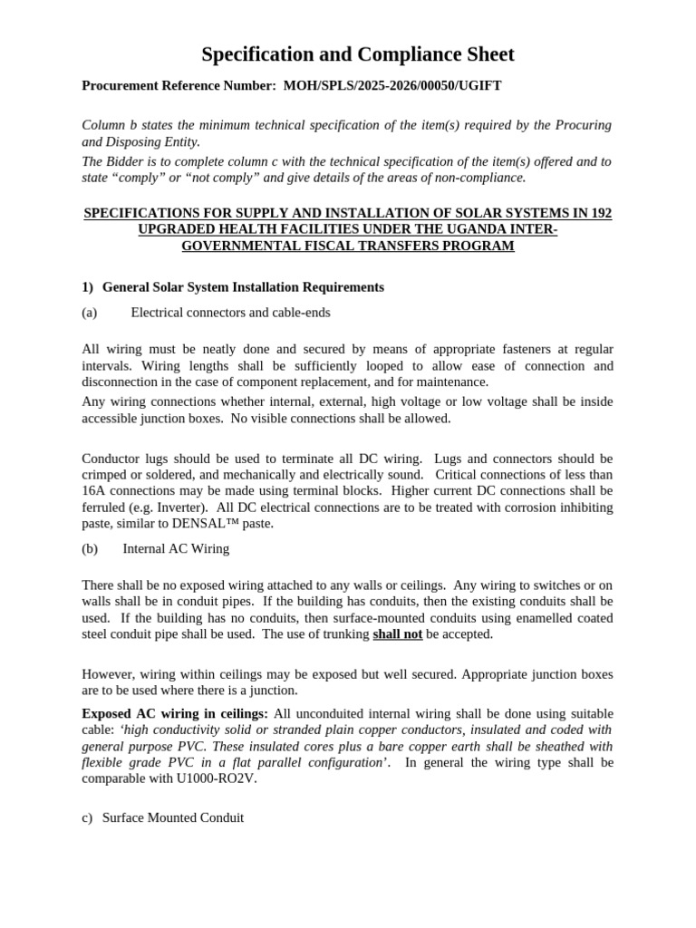 Specification and Compliance Sheet | PDF | Electrical Wiring | Solar Panel