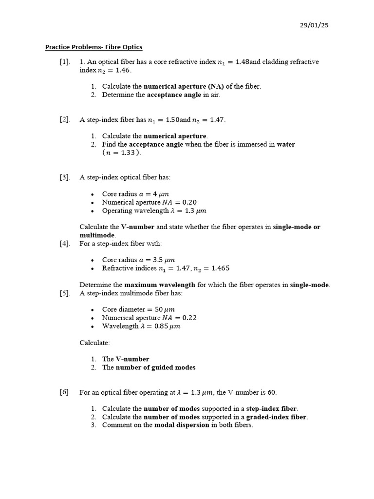 Practice Problems-Fiber Optics | PDF | Optical Fiber | Refractive Index