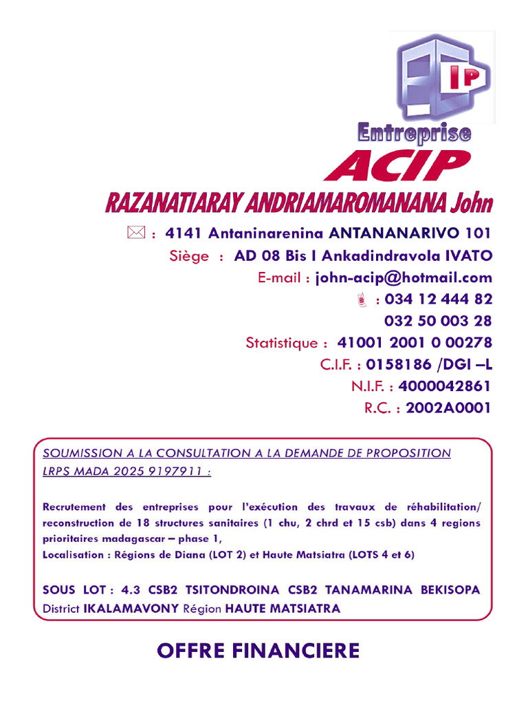 Offre Technique Acip Lot 4.3 CSB2 Tsitondroina CSB2 Tanamarina Bekisopa ...