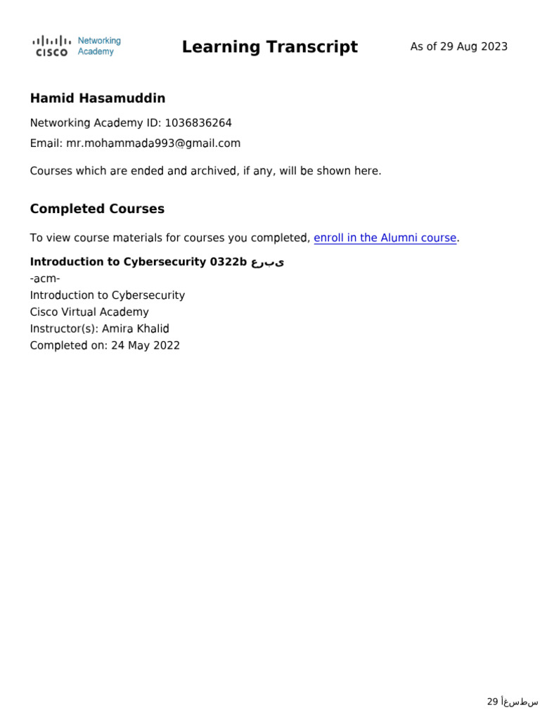 NetAcad Learning Transcript | PDF