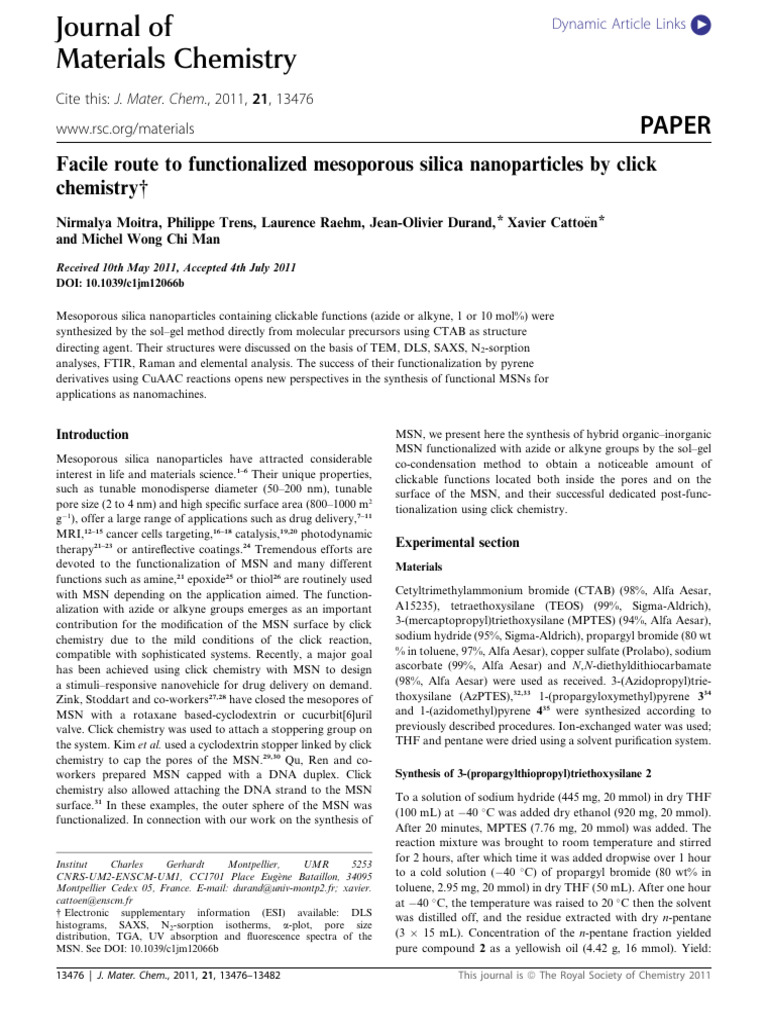 Facile Route To Functionalized Mesoporous Silica Nanoparticles by Click ...