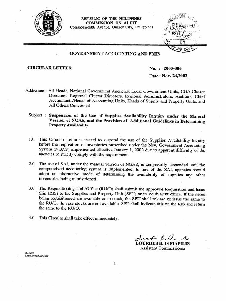 Coa Gafmis Circular Letter No. 2003 006 November 24 2003 | PDF