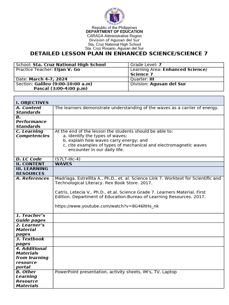 FEB 26 29 - Detailed Lesson Plan in Science 7 - Waves | PDF | Waves ...
