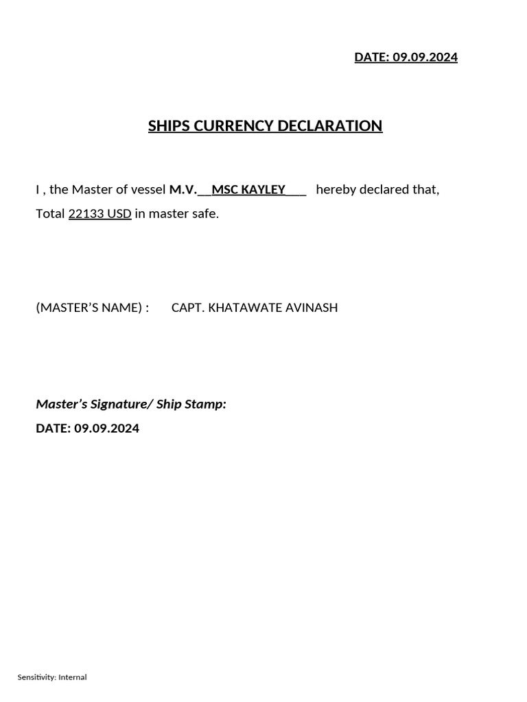 Ships Cash Declaration | PDF