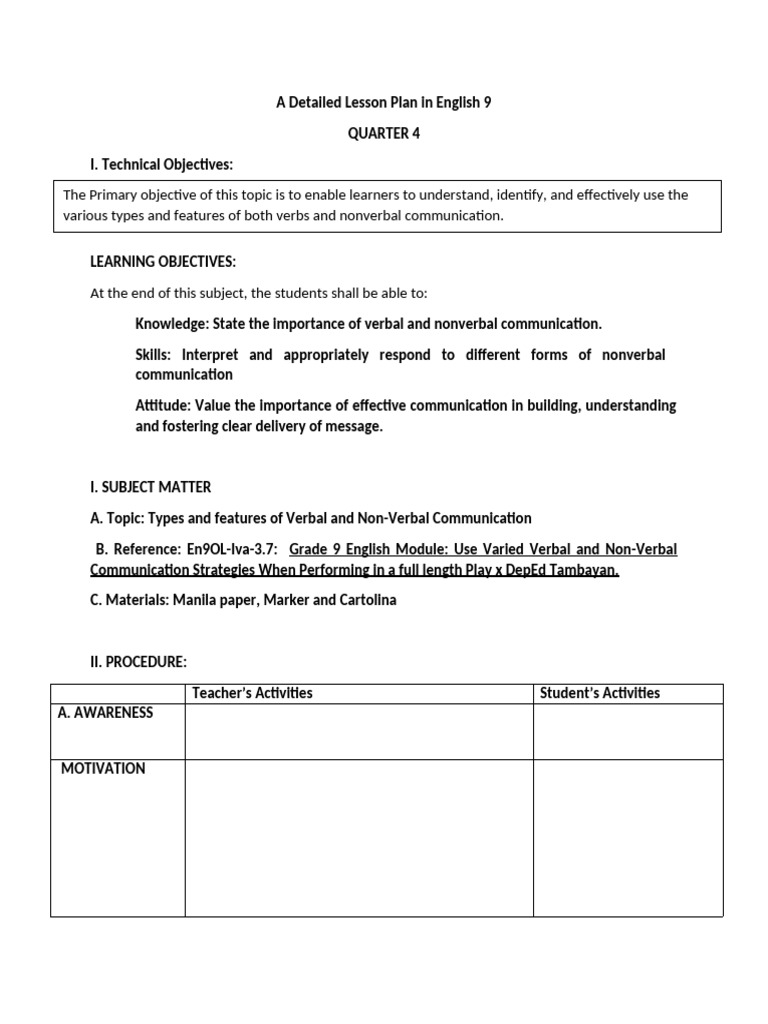 Detailed Lesson Plan (Template) | PDF
