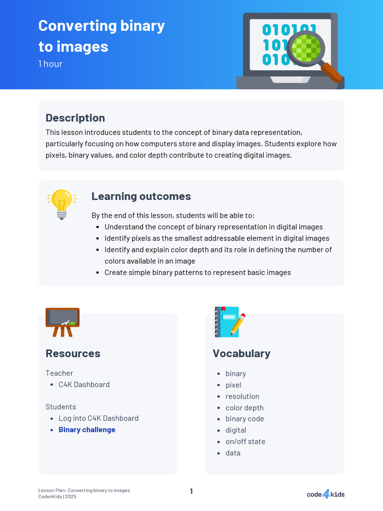 Converting Binary To Images (Lesson Plan) | PDF | Image Resolution | Pixel