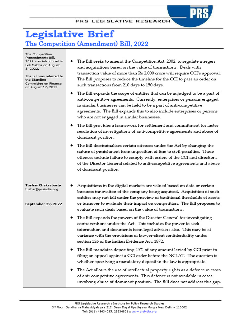 Short Competition Amendment Bill 2023 PRS Legislative Brief | PDF ...