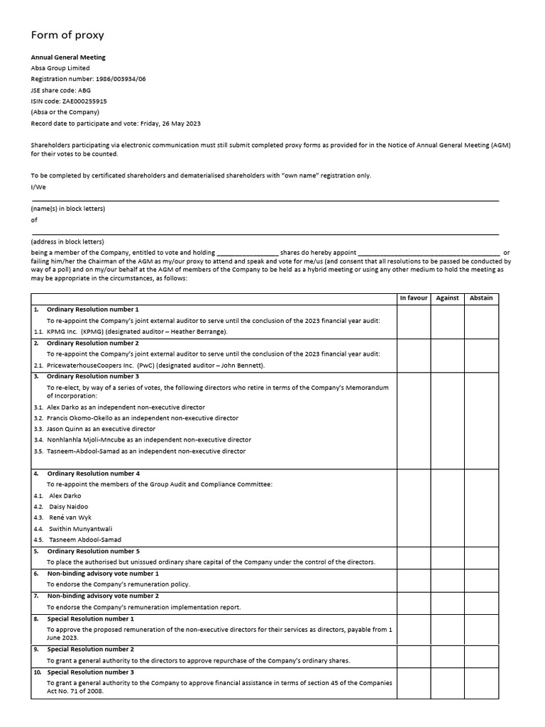Absa Group Form of Proxy | PDF | Proxy Voting | Justice
