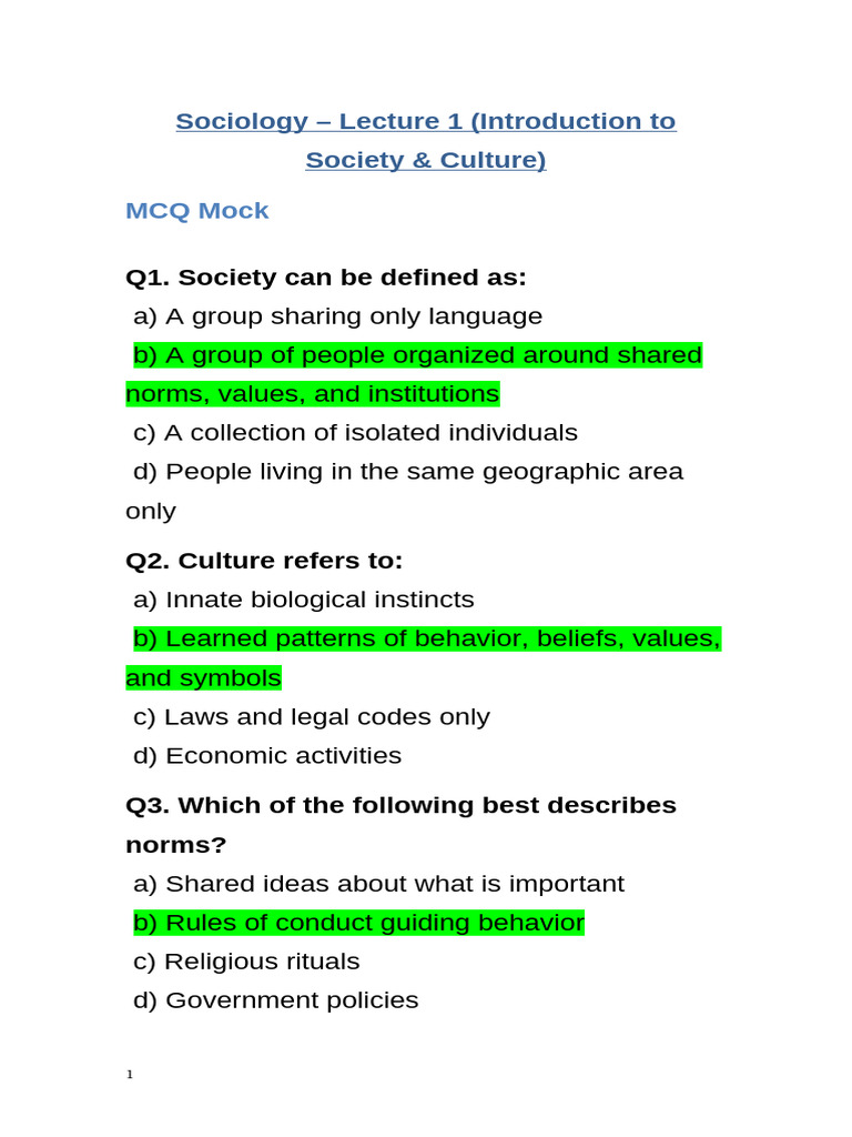 Sociology Mock Practice Lecture 1 | PDF | Socialization | Society