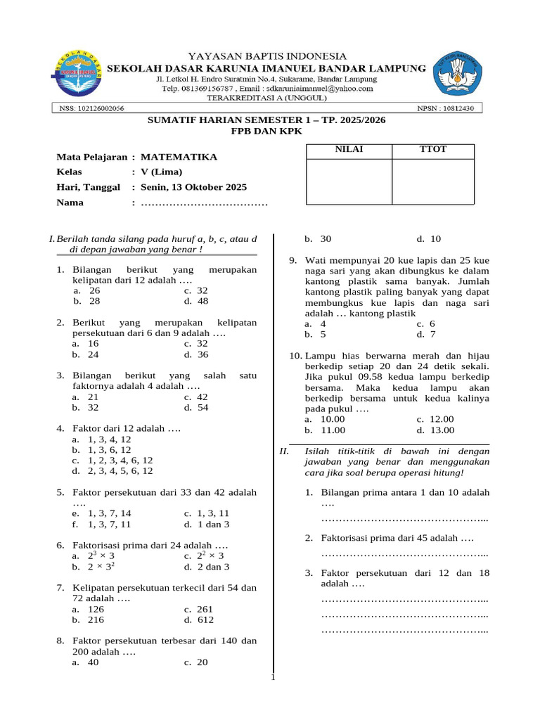 SH Math Bab 2 - FPB Dan KPK Kelas 5 (2025-2026) | PDF