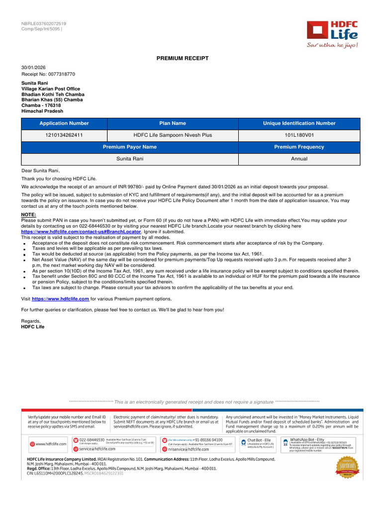 Payment Receipt 0077318770 | PDF | Life Insurance | Insurance