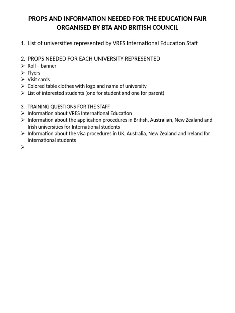 Props and Information Needed For The Education Fair Organised by Bta ...